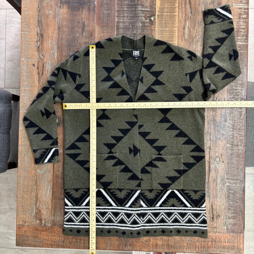 Frye XL Olive Green Boho Southwestern Tribal Geometric Open Duster Cardigan - Picture 5 of 10